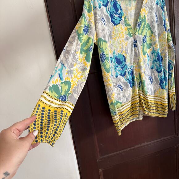 SPARROW | Anthropologie Yellow and Blue Floral Lightweight Cardigan | Large - Picture 2 of 6